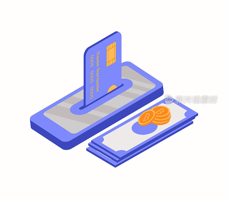 Flat isometric illustration of pile of bitcoins, the phone with a credit card in the slot. The transfer, e-commerce blockchain cryptocurrency, business, deposit money into an account vector concept.